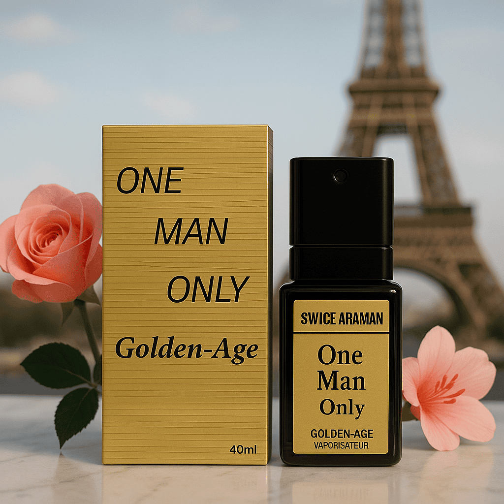 Elegant men's fragrance with a sophisticated scent, featuring notes of floral and woody undertones, presented in a sleek black bottle against a backdrop of roses and the Eiffel Tower.